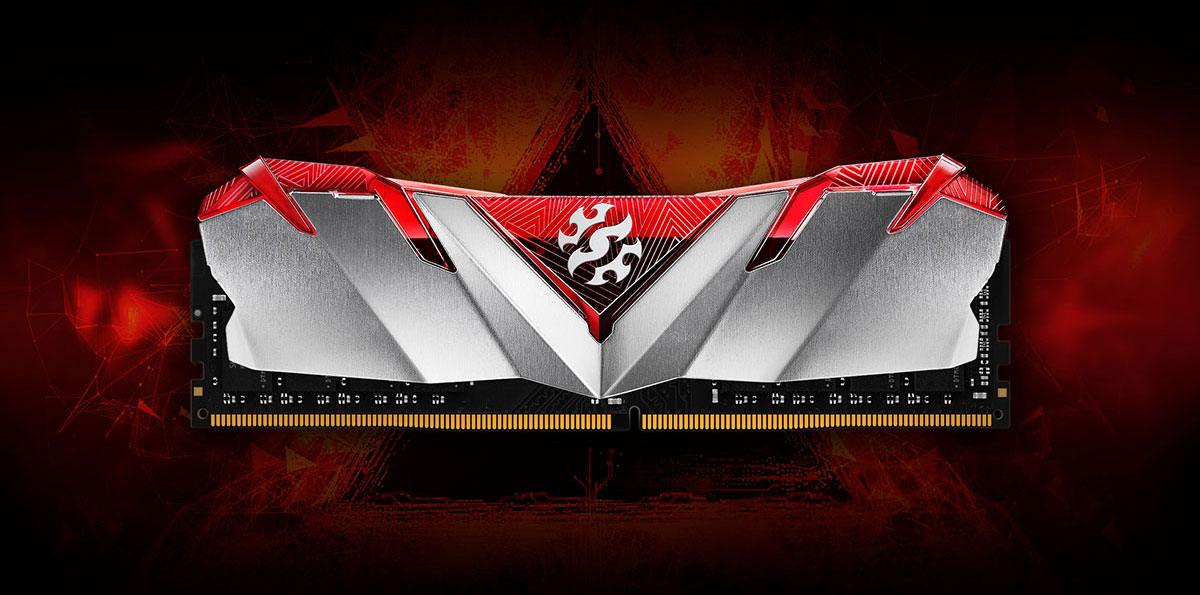 Front view of a GAMMIX D30 memory module in standing position, in front of a mystic triangle symbol